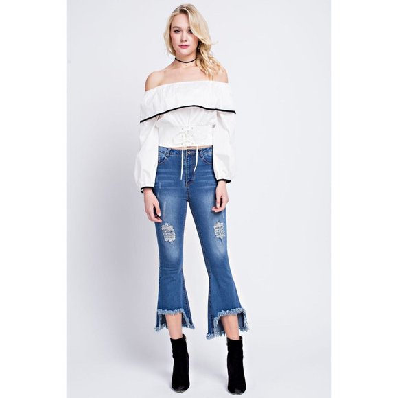 Boutique Tops - Women's Super Cute Comfy Off Shoulder Top With Contrast Detail Linning & Corset